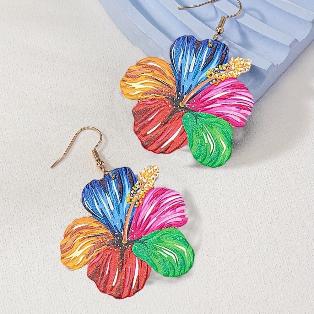 Colorful Tropical Flower Drop Earrings Acrylic Hibiscus Statement Jewelry